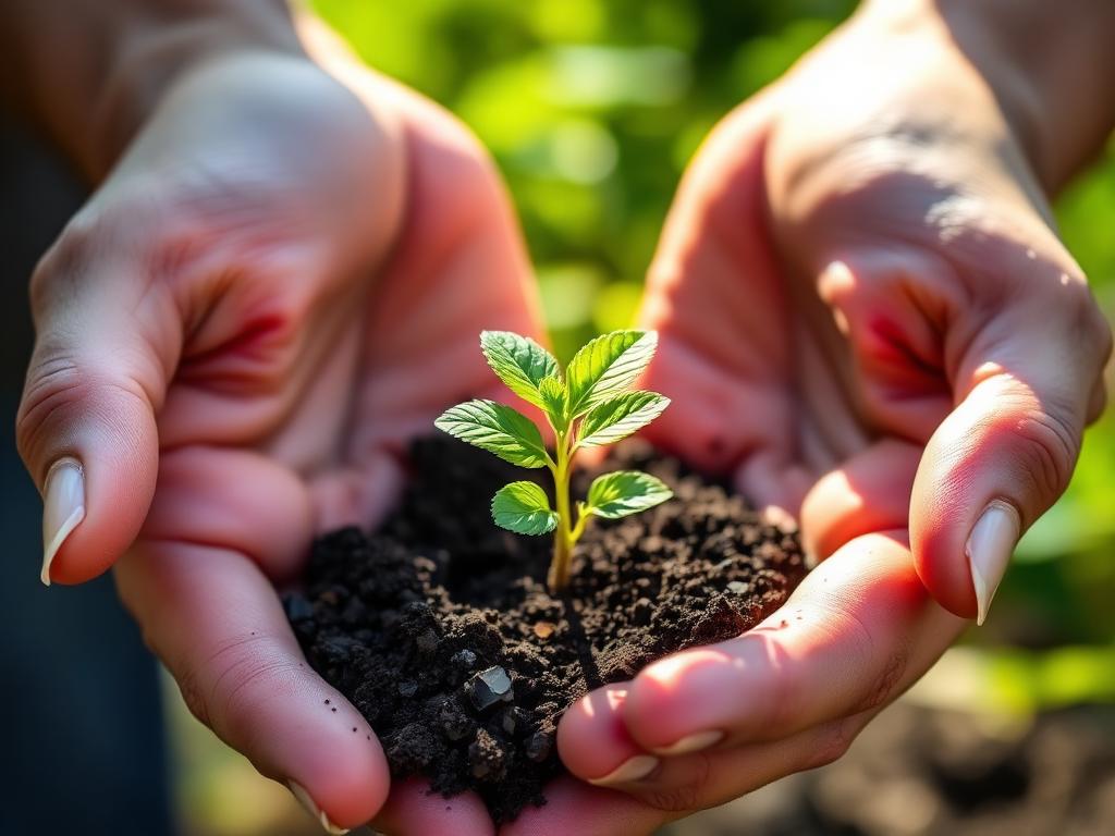 Hands holding a green seedling